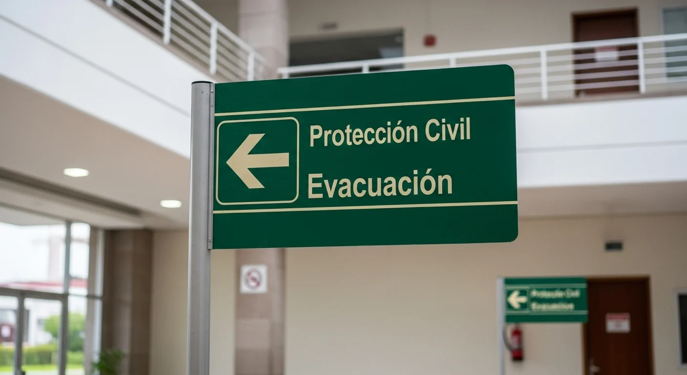 Señal de ruta de evacuación en un edificio público de un municipio mexicano, destacando la importancia de los señalamientos de protección civil.