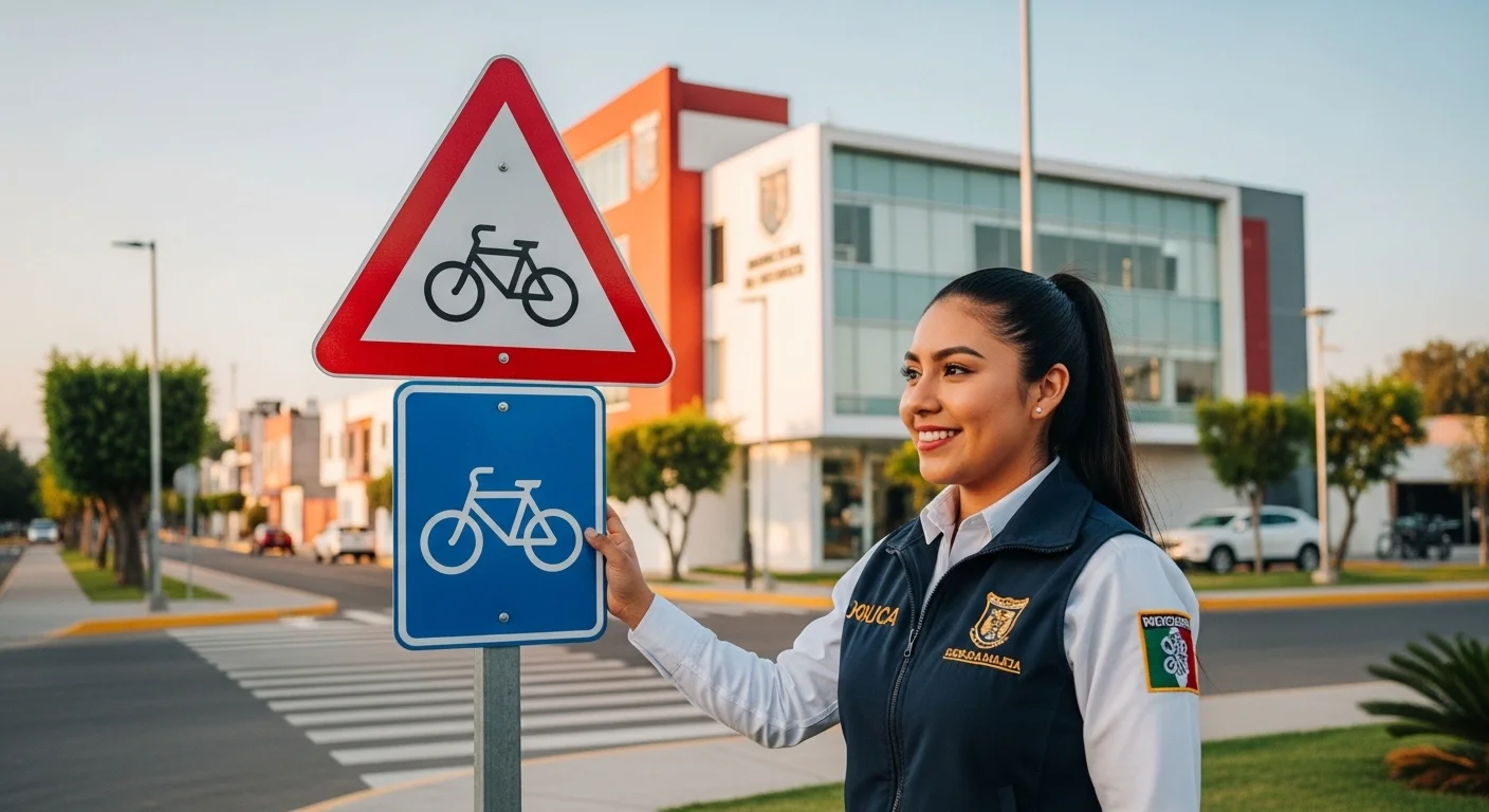 Oficial de tránsito municipal junto a nueva señalización vial, representando la regulación y seguridad que los ayuntamientos proveen.