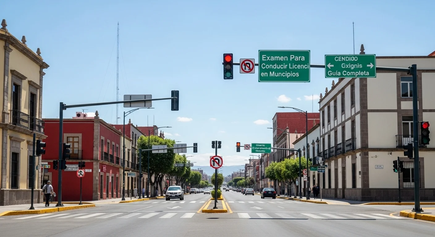 Señalización y semáforos en una calle de un municipio en México, infraestructura clave para el examen para sacar licencia de conducir.