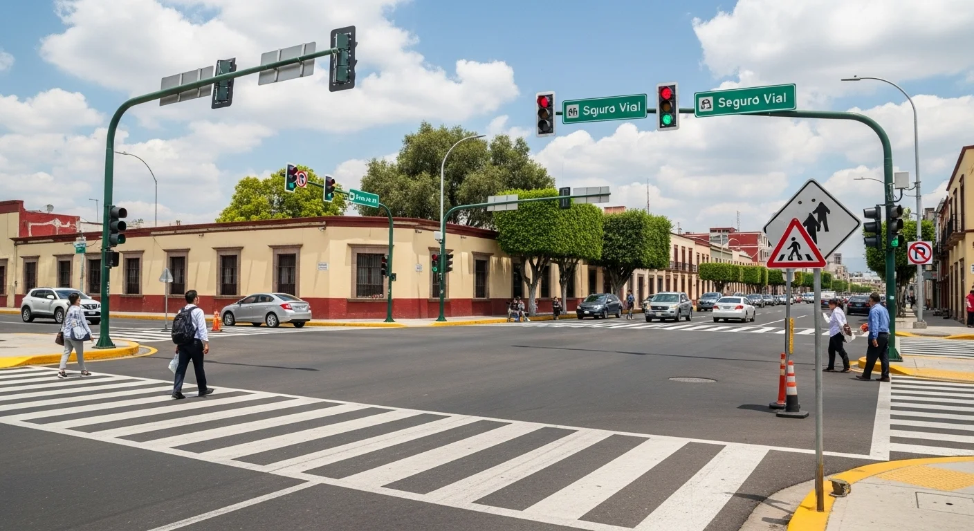Intersección urbana en un municipio de México con clara señalización vial, semáforos y pasos peatonales, temas clave del test teórico.
