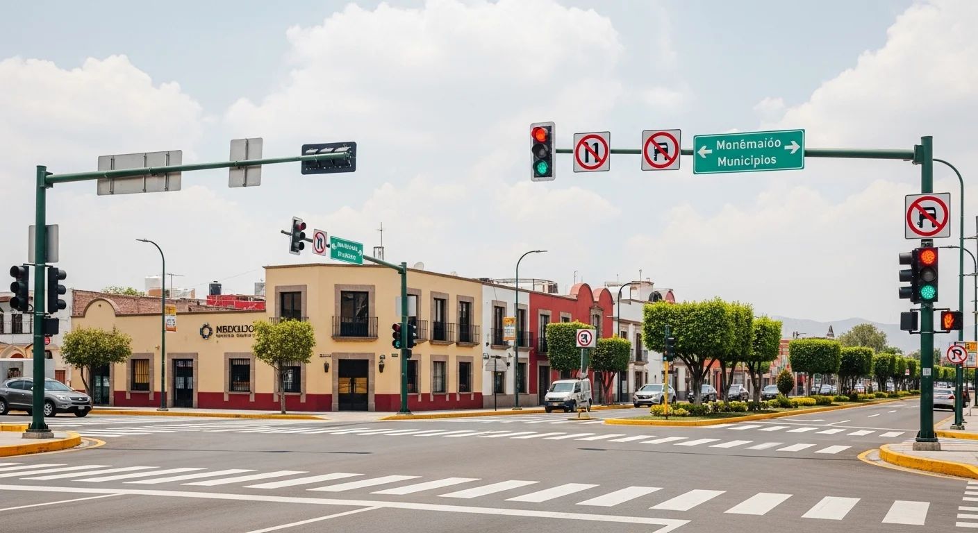 Intersección de calles en un municipio de México con señalización de tránsito clara, tema central del test escrito de manejo.