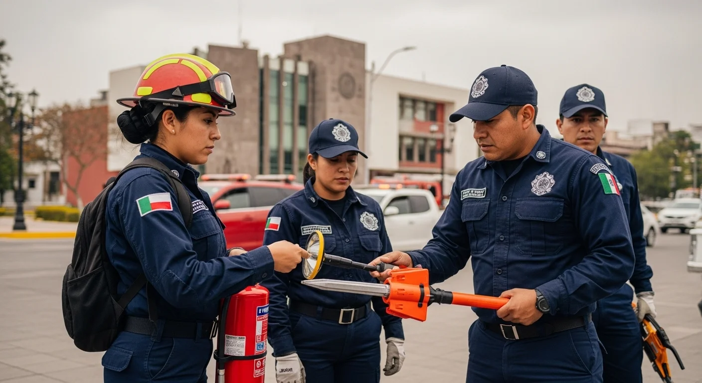 Personal de Protección Civil municipal en México durante una operación de emergencia, mostrando equipamiento y coordinación.