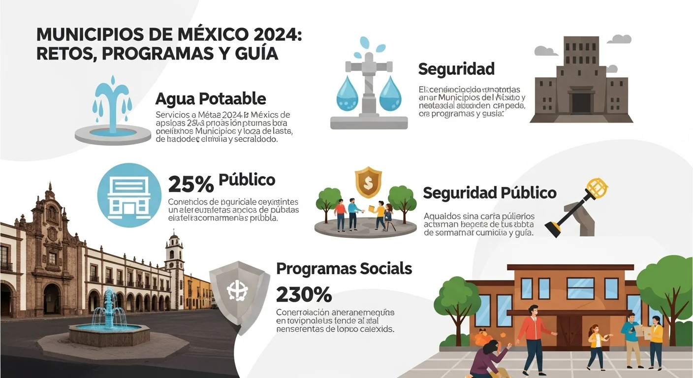 Infografía sobre los servicios clave en los municipios de México para 2024, destacando agua potable, seguridad y programas sociales.