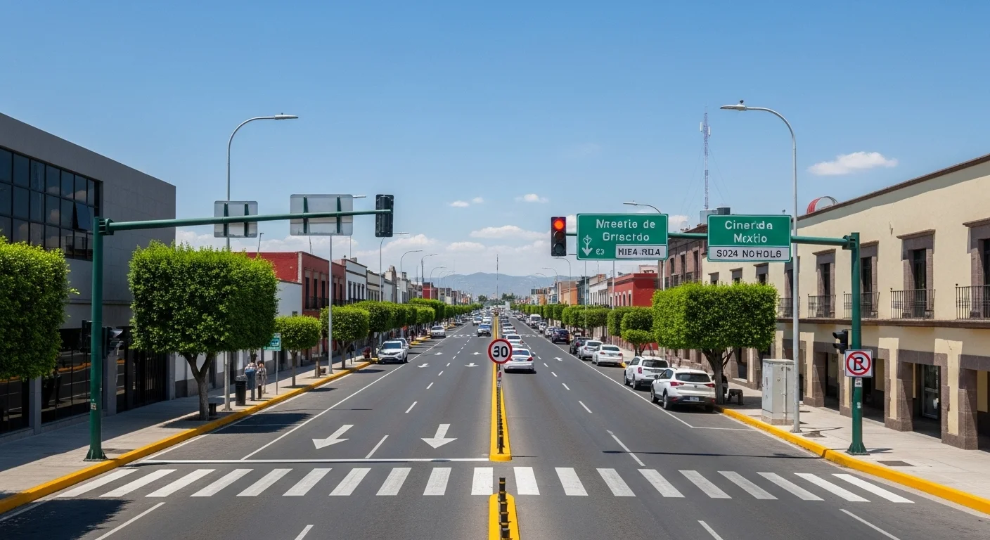 Imagen de una calle bien pavimentada y señalizada en un municipio de México, representando la infraestructura y el reglamento de tránsito 2024.