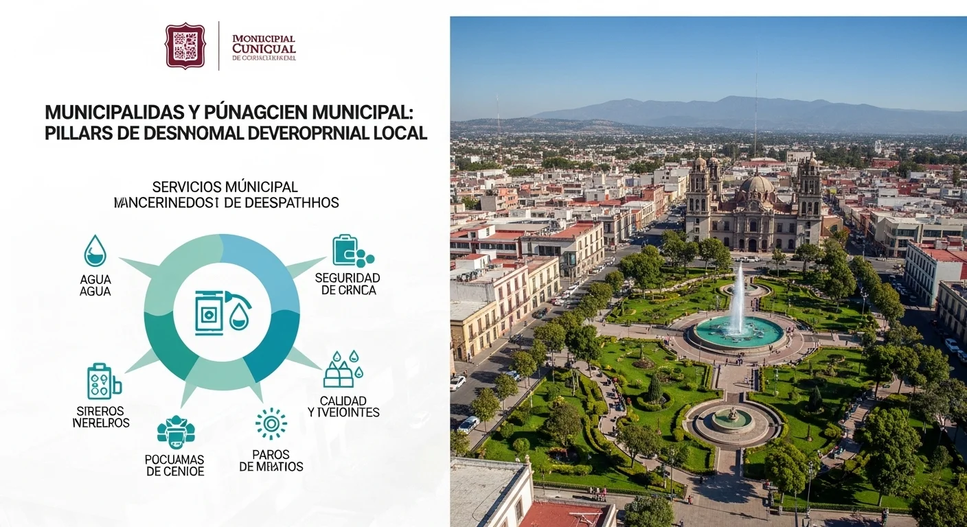 Infografía de servicios públicos municipales como agua, seguridad y parques, gestionados por el ayuntamiento.