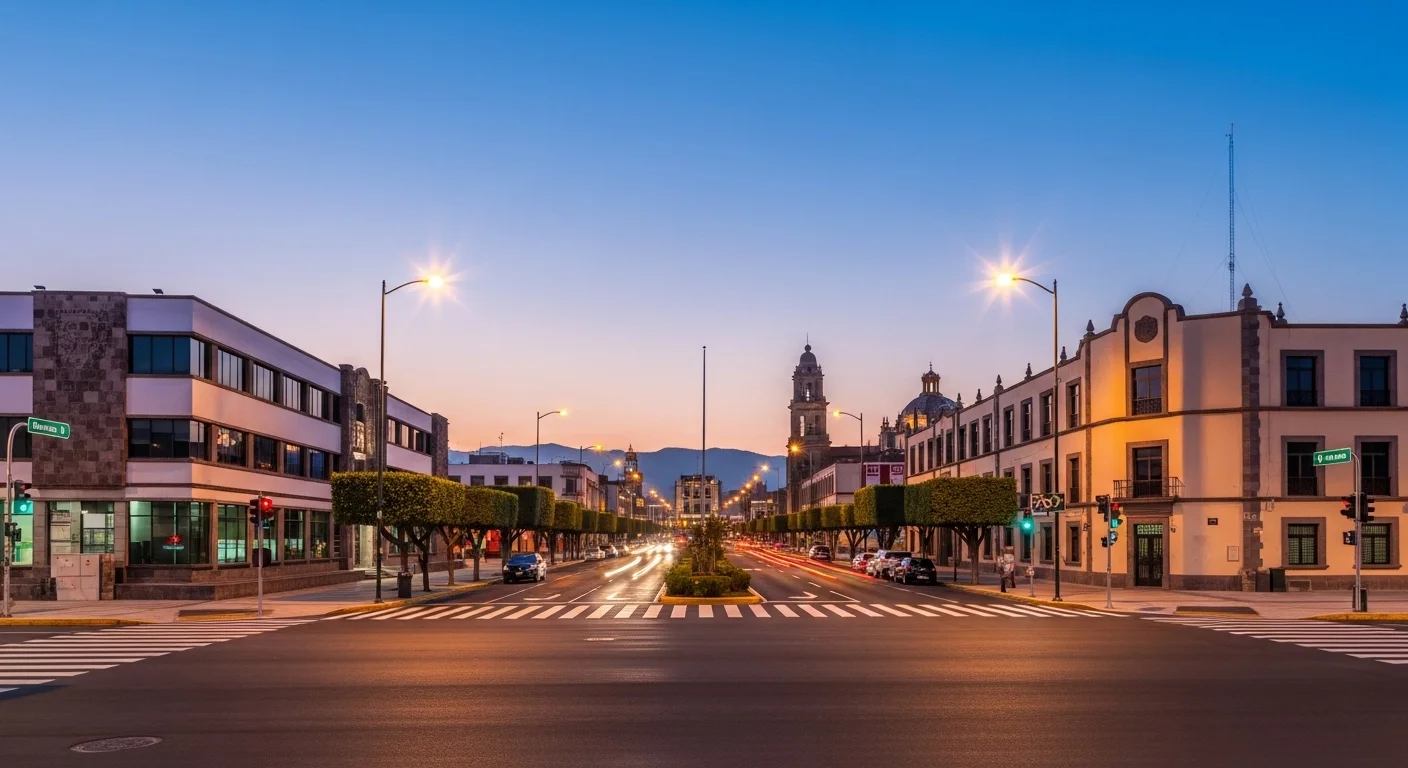 Imagen panorámica de una ciudad mexicana que muestra la infraestructura de servicios públicos como alumbrado, calles pavimentadas y edificios gubernamentales.