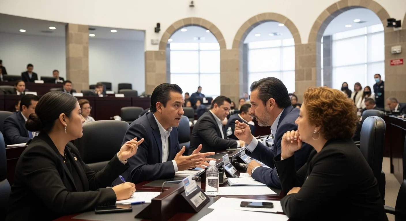 Imagen de una sesión de cabildo en un ayuntamiento de México, donde regidores y alcalde discuten sobre infraestructura y el nuevo reglamento para motos 2024.