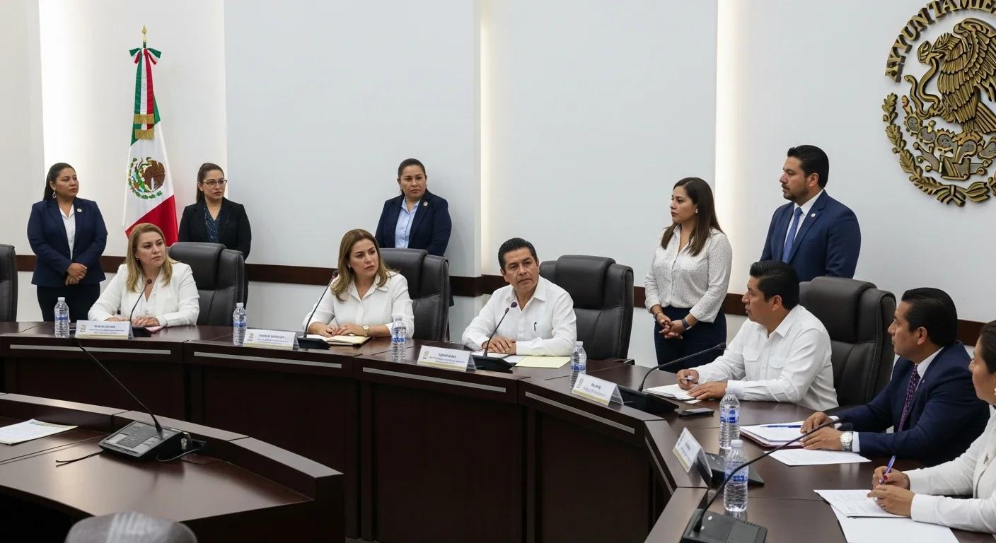 Sesión de cabildo en un ayuntamiento mexicano con regidores y alcalde discutiendo temas municipales