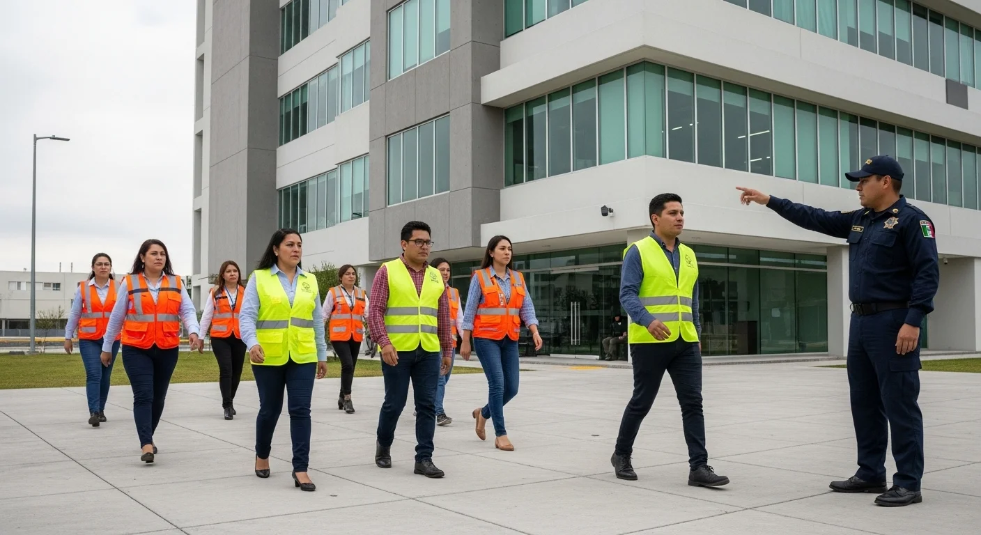 Empleados de una empresa participando en un simulacro de evacuación coordinado por el ayuntamiento, con chalecos de brigadistas.