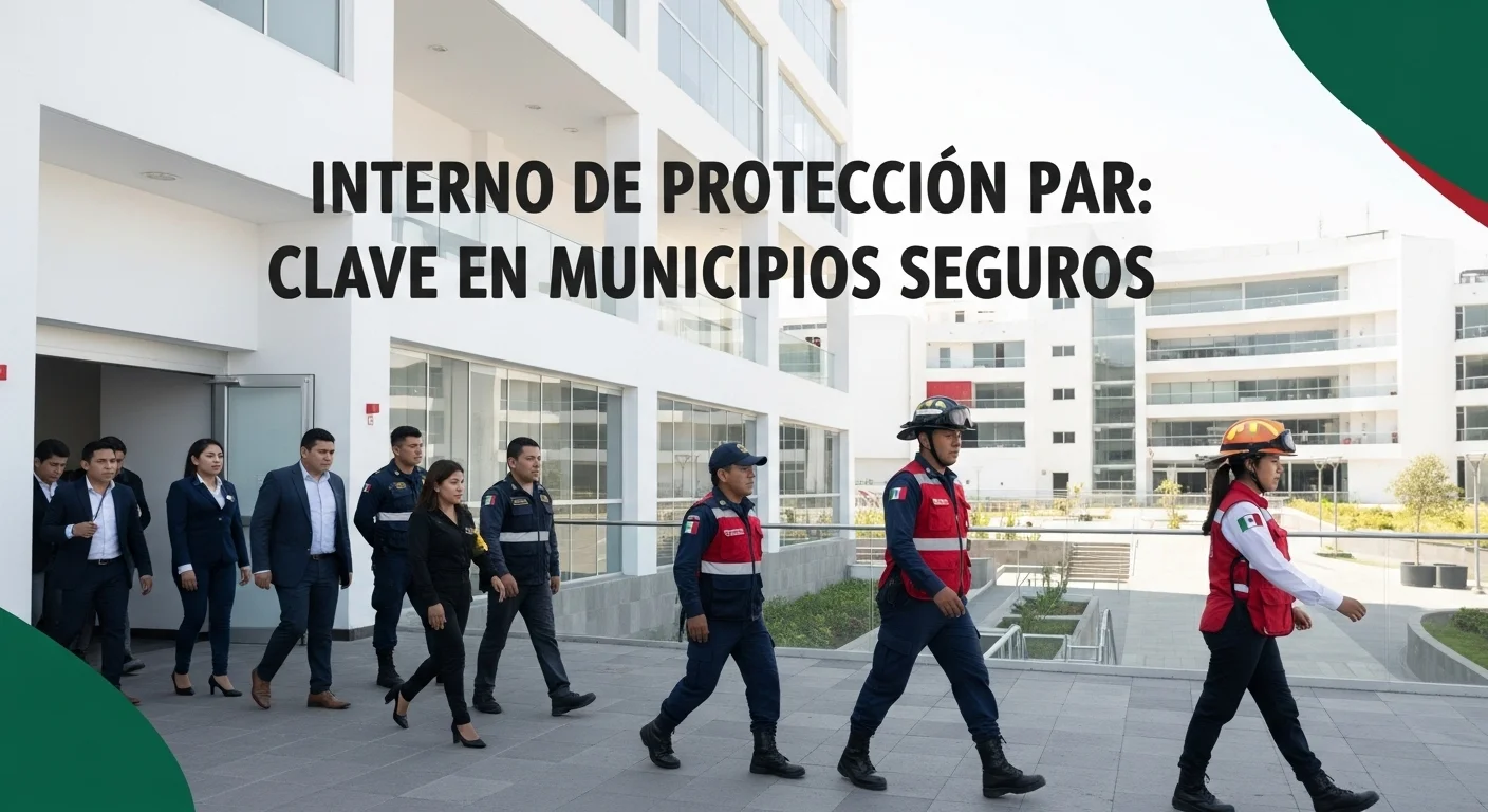 Brigadistas de protección civil guiando a empleados durante un simulacro de evacuación en un edificio gubernamental en un municipio de México.