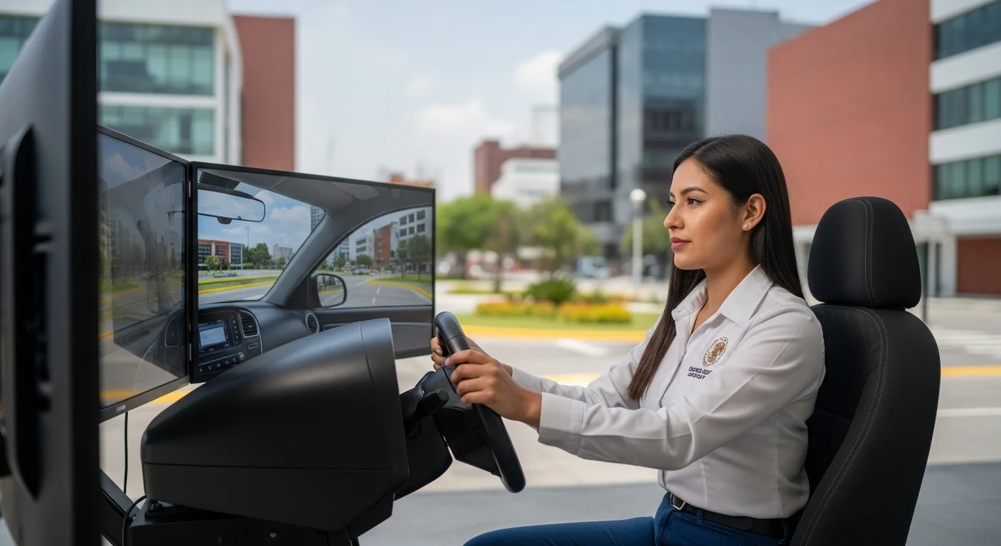 Aspirante utilizando un simulador de manejo de alta tecnología como parte del examen de licencia en una iniciativa de modernización de un ayuntamiento.