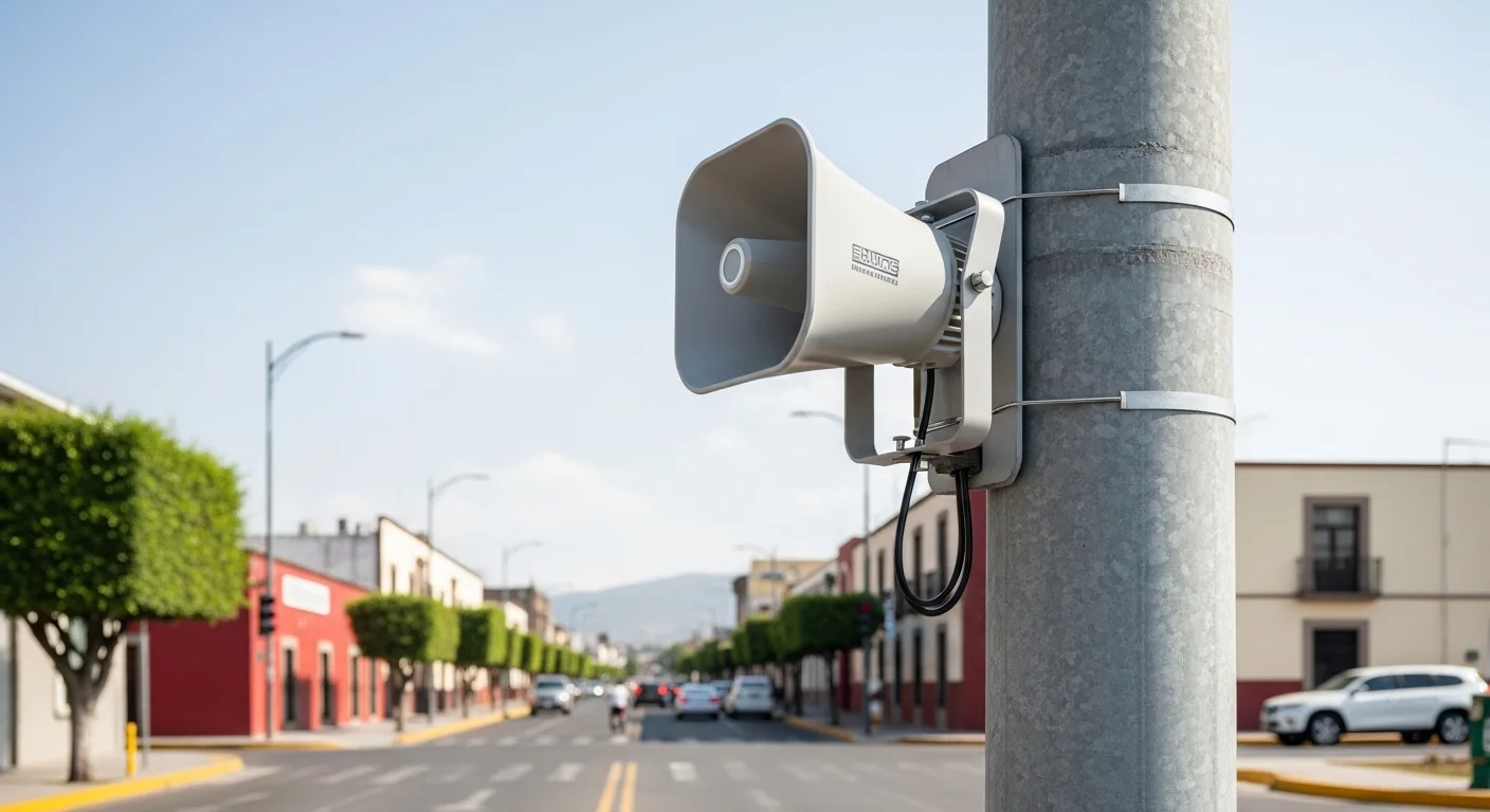 Altavoz del sistema de alarma sísmica en un poste de una calle en un municipio de México, representando la protección civil.