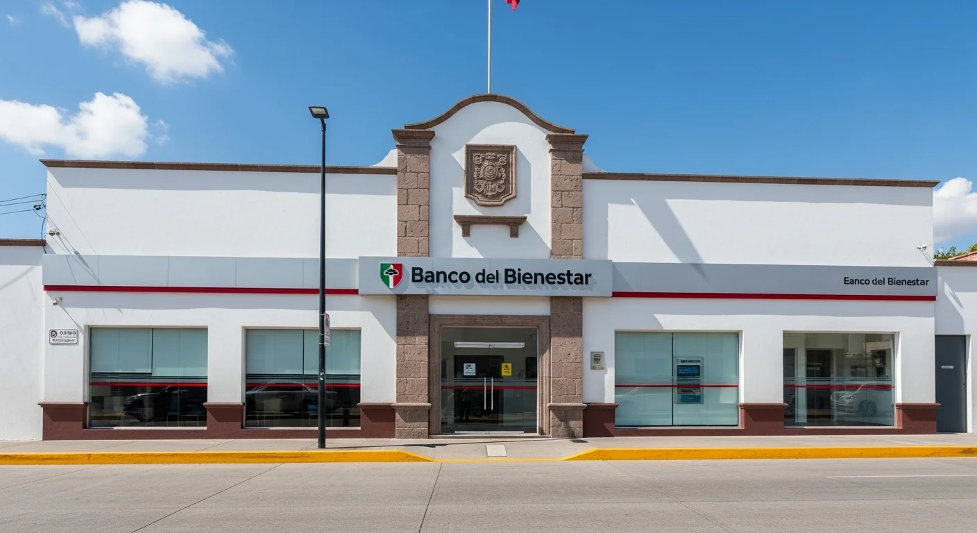 Fachada de una sucursal del Banco del Bienestar en un municipio de México, simbolizando las vacantes y oportunidades locales para la comunidad.