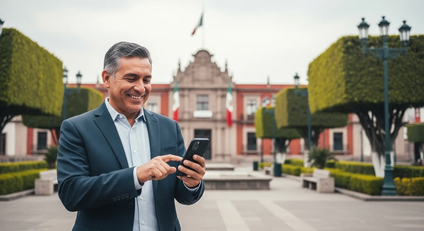 Una persona usando una aplicación móvil para pagar el servicio de agua, con el palacio municipal de fondo, representando la modernización de los pagos en México.