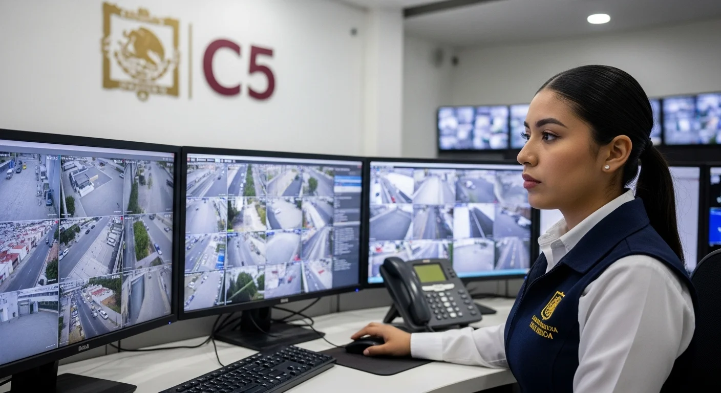 Operador en un centro de monitoreo C5 visualizando imágenes de cámaras de seguridad de diferentes puntos de una ciudad, representando la innovación tecnológica en la seguridad municipal.