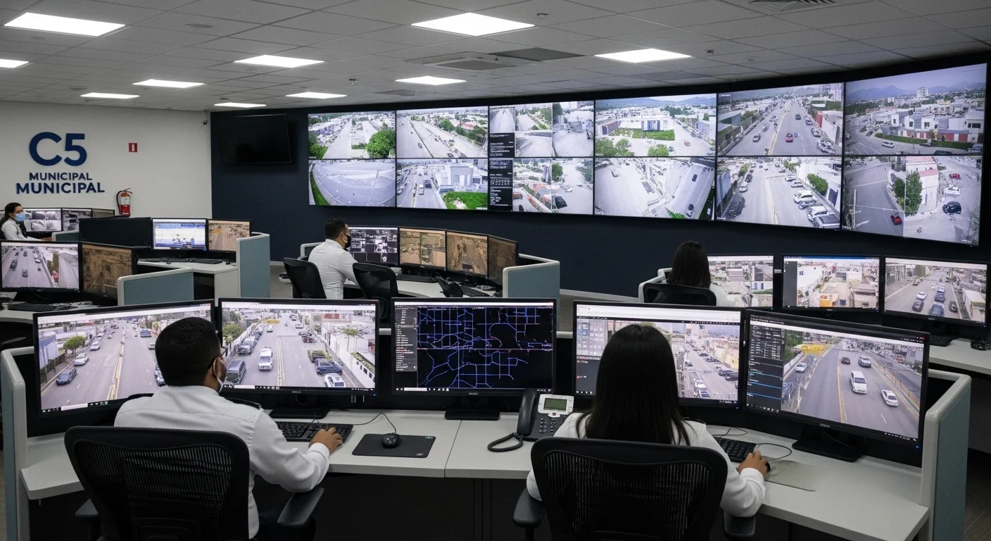 Centro de monitoreo C5 con múltiples pantallas mostrando imágenes de cámaras de seguridad, simbolizando la tecnología en la seguridad pública municipal