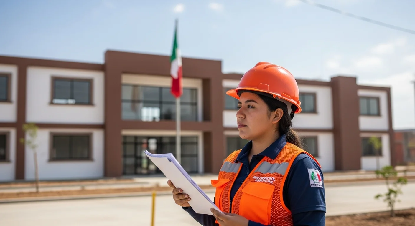Un profesional de protección civil con casco y chaleco inspeccionando una infraestructura municipal, representando la labor de un acreditado.