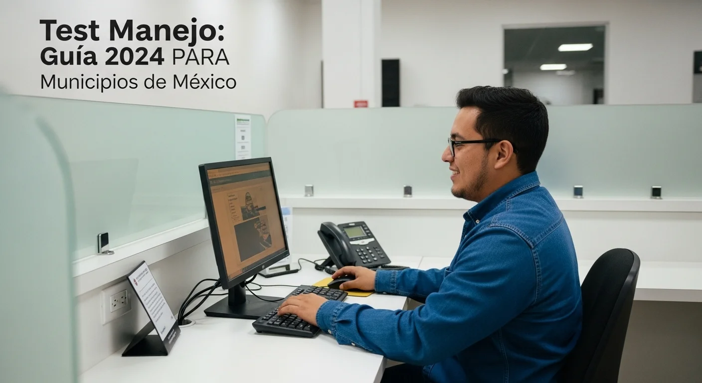Persona realizando el test de manejo teórico en una computadora dentro de una oficina de tránsito municipal en México.