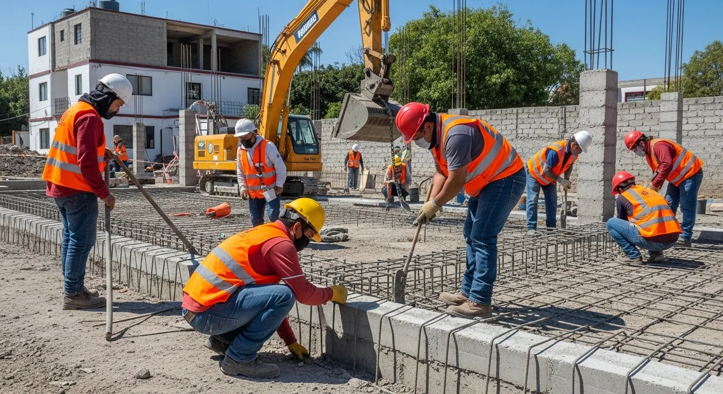 Trabajadores de la construcción en un proyecto de infraestructura urbana en un municipio de México, representando la generación de empleo por obras públicas.