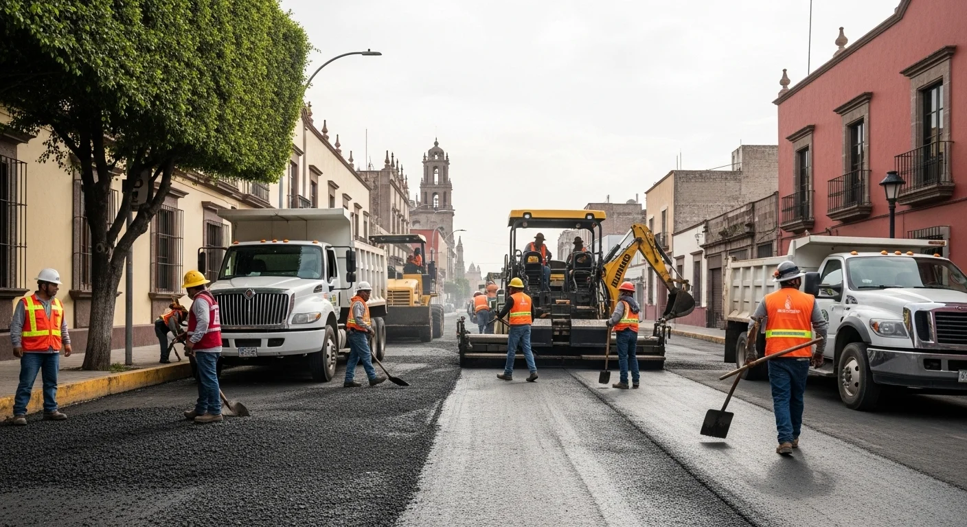 Equipo de obras públicas de un ayuntamiento trabajando en la pavimentación de una calle en México.
