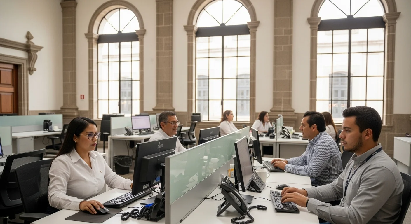 Interior de un palacio municipal en México, mostrando escritorios y personal que simboliza el trabajo administrativo clave para los municipios.