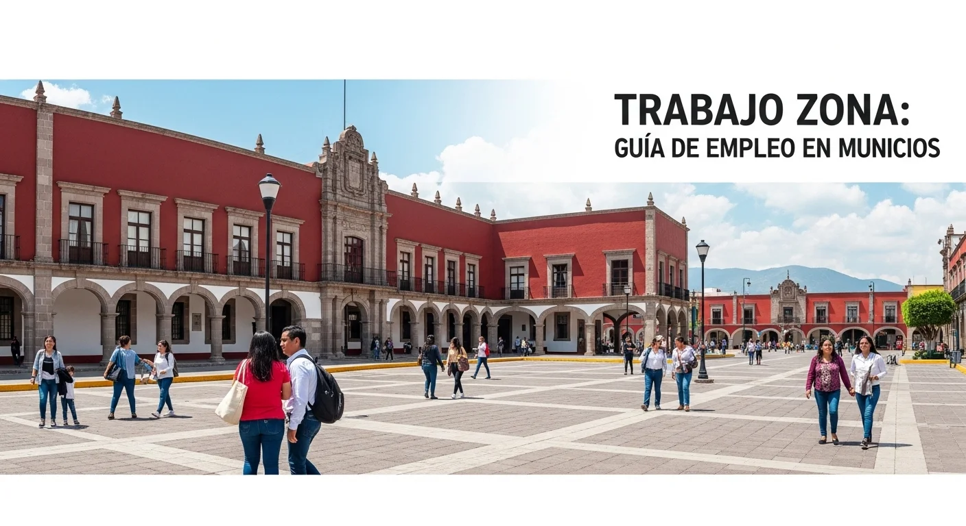 Una vista panorámica de un palacio municipal en México con ciudadanos activos, simbolizando el empleo y la vida económica local.