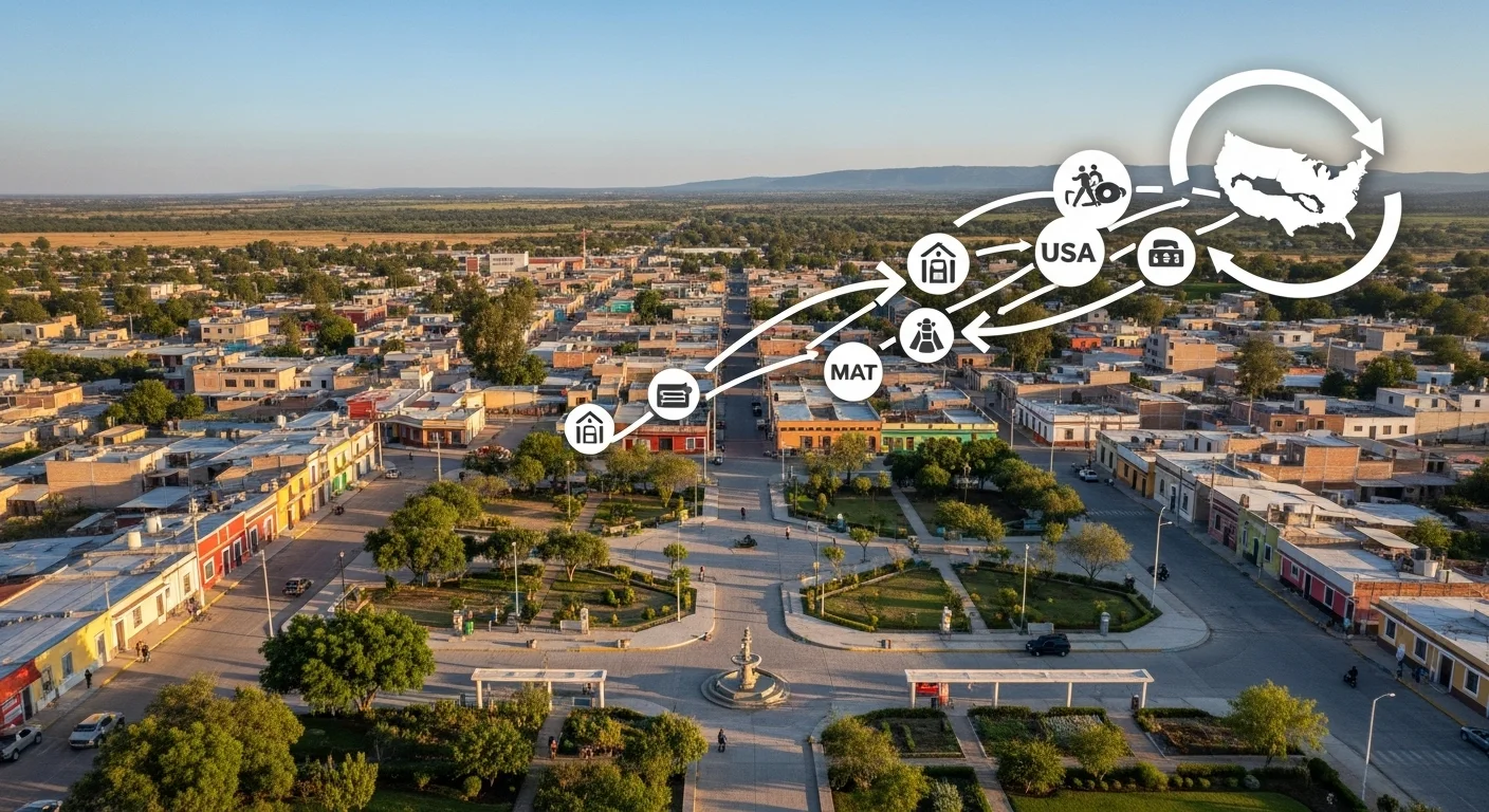 Una imagen panorámica de un pueblo rural en México con una gráfica superpuesta mostrando el flujo de remesas desde Estados Unidos.