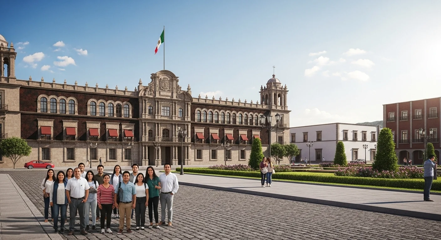 Un palacio municipal en México con ciudadanos al frente, simbolizando la búsqueda de oportunidades y trabajo en los municipios.