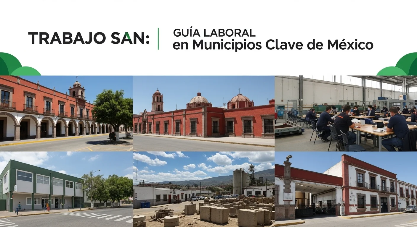 Un collage de imágenes que representa el trabajo en los municipios de México, mostrando infraestructura urbana, oficinas de ayuntamiento y trabajadores en diversos sectores.