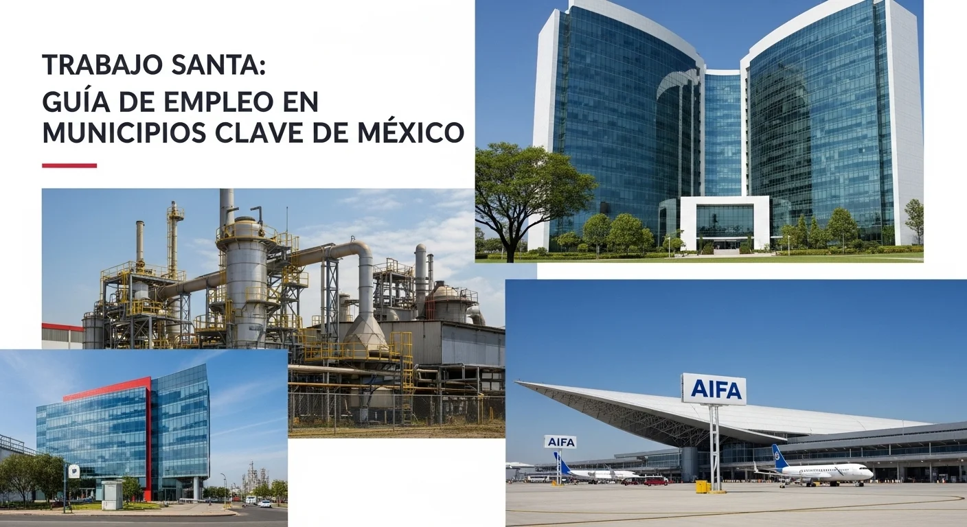 Collage de imágenes que representa el trabajo en municipios de México, mostrando una planta industrial en Santa Catarina, un edificio corporativo en Santa Fe y el aeropuerto AIFA.