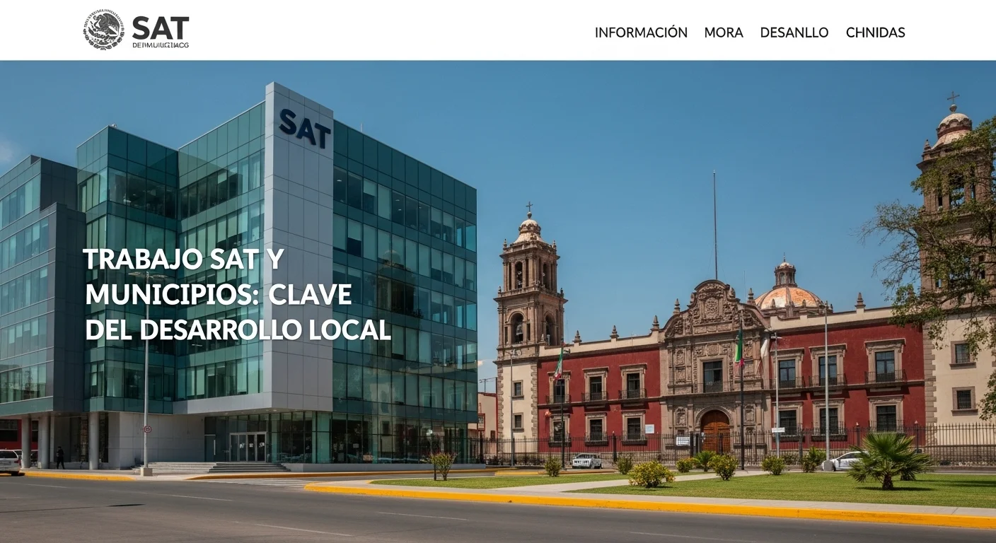 Edificio de una oficina del SAT con el palacio municipal de una ciudad mexicana al fondo, simbolizando la conexión entre el trabajo SAT y el desarrollo de los municipios.