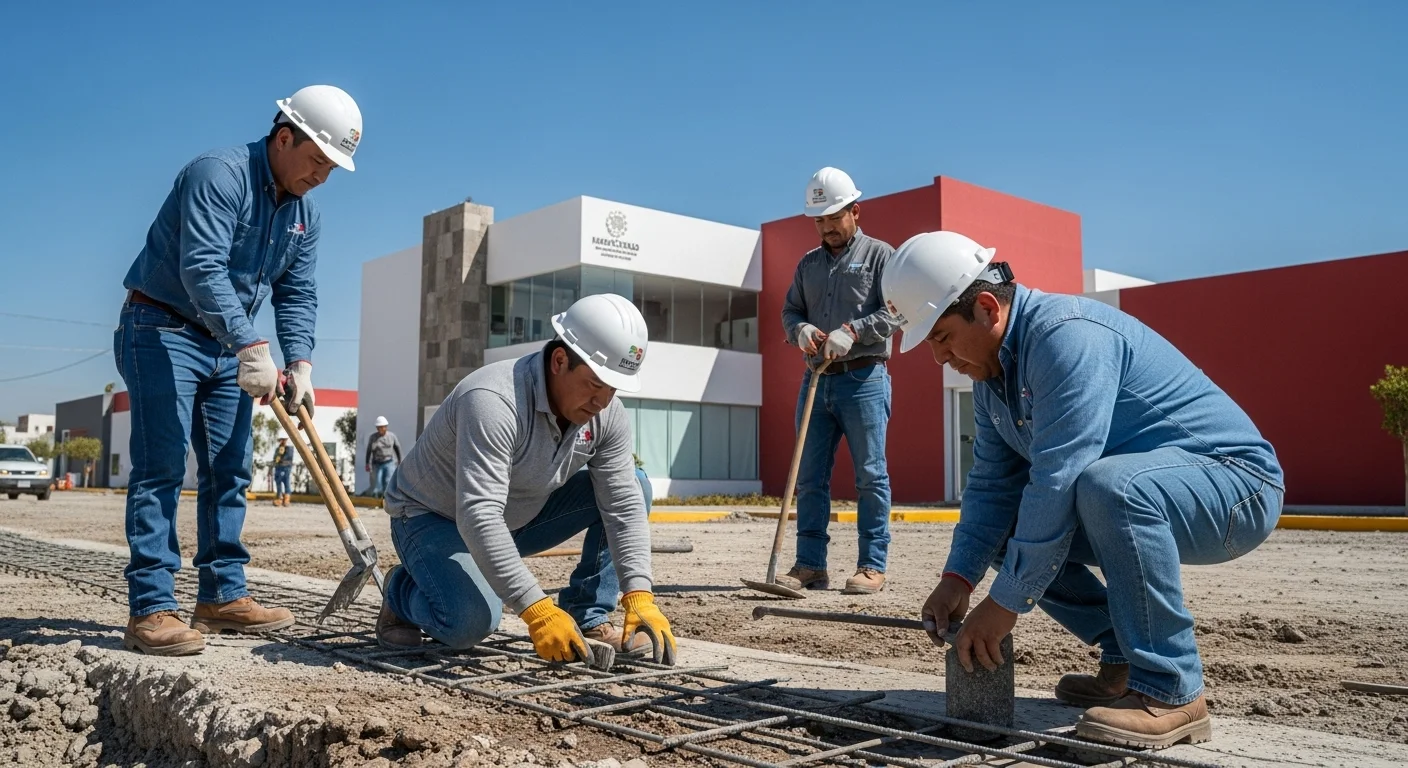 Trabajadores de la construcción en una obra pública municipal en México, simbolizando el trabajo urgente y el rol de los municipios.