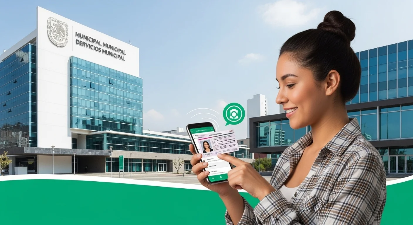 Una persona utilizando un smartphone para realizar la renovación de licencia de manejo digital, con el logo de un gobierno municipal de fondo, simbolizando la modernización de servicios.