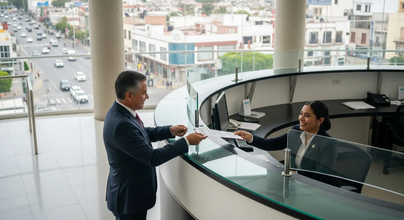 Una persona entregando documentos en una ventanilla de atención ciudadana de un ayuntamiento mexicano para tramitar una licencia de apertura.