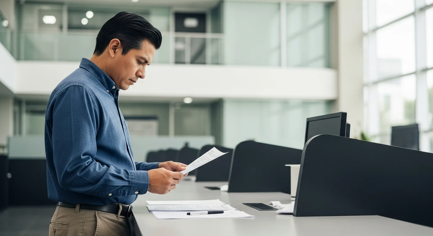 Una persona en una oficina de trámites vehiculares, revisando documentos, representando el proceso de obtención de una licencia de conducir en Estados Unidos para un ciudadano mexicano.
