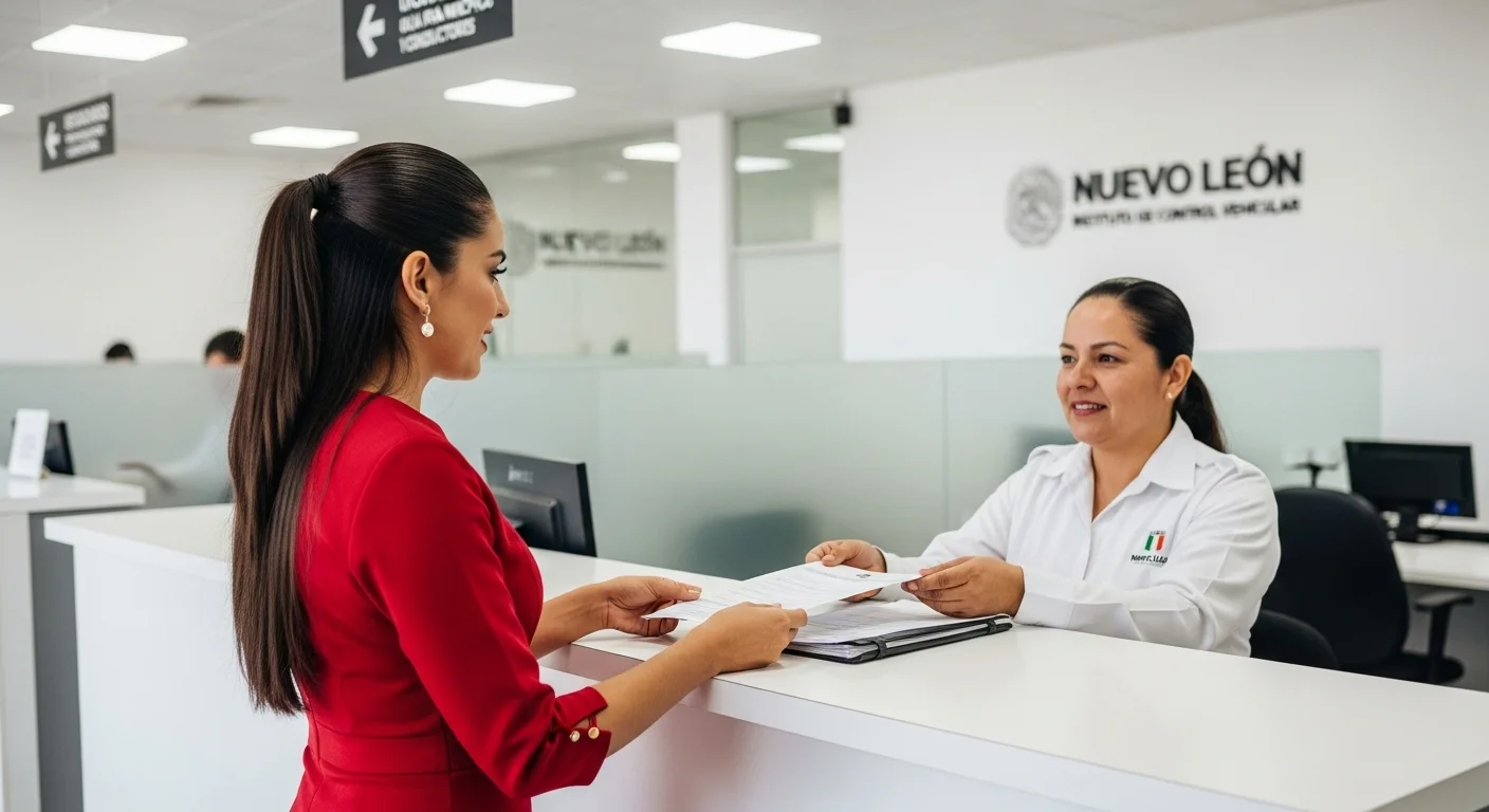 Una persona realizando el trámite de la Licencia Nuevo León en una oficina del Instituto de Control Vehicular, representando el nuevo reglamento en los municipios.