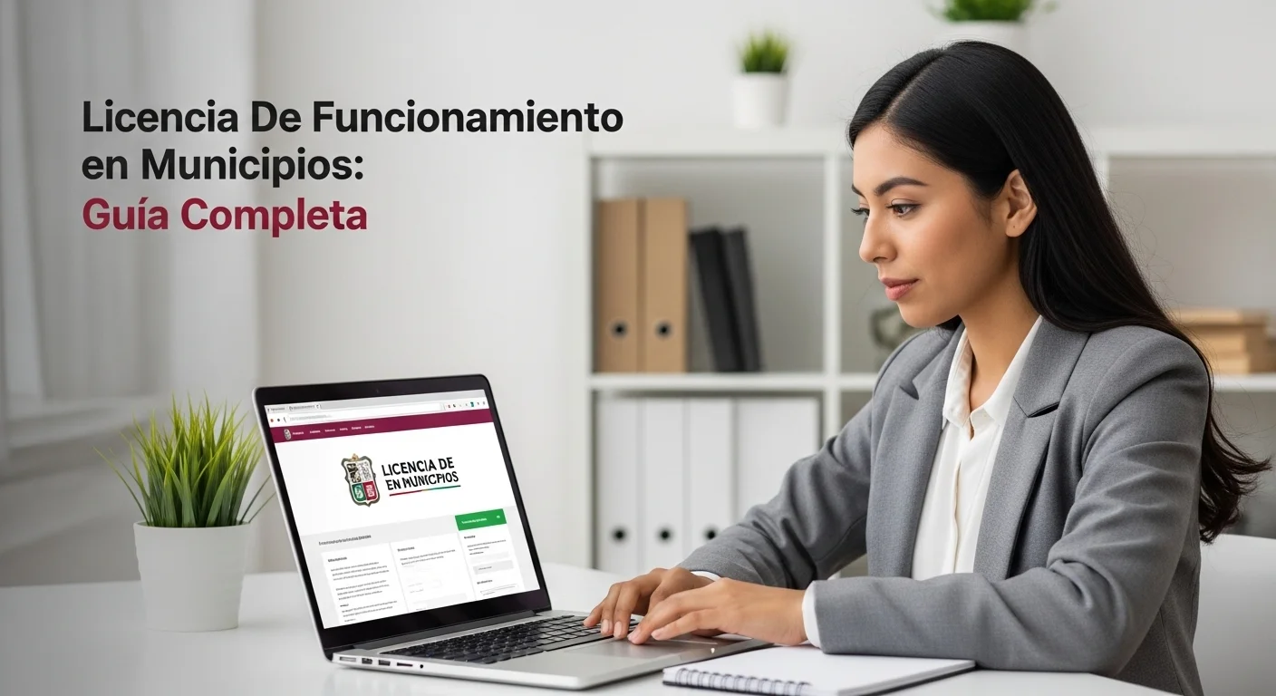 Persona utilizando una computadora portátil para tramitar su licencia de funcionamiento en línea, con el logo de un ayuntamiento en la pantalla.