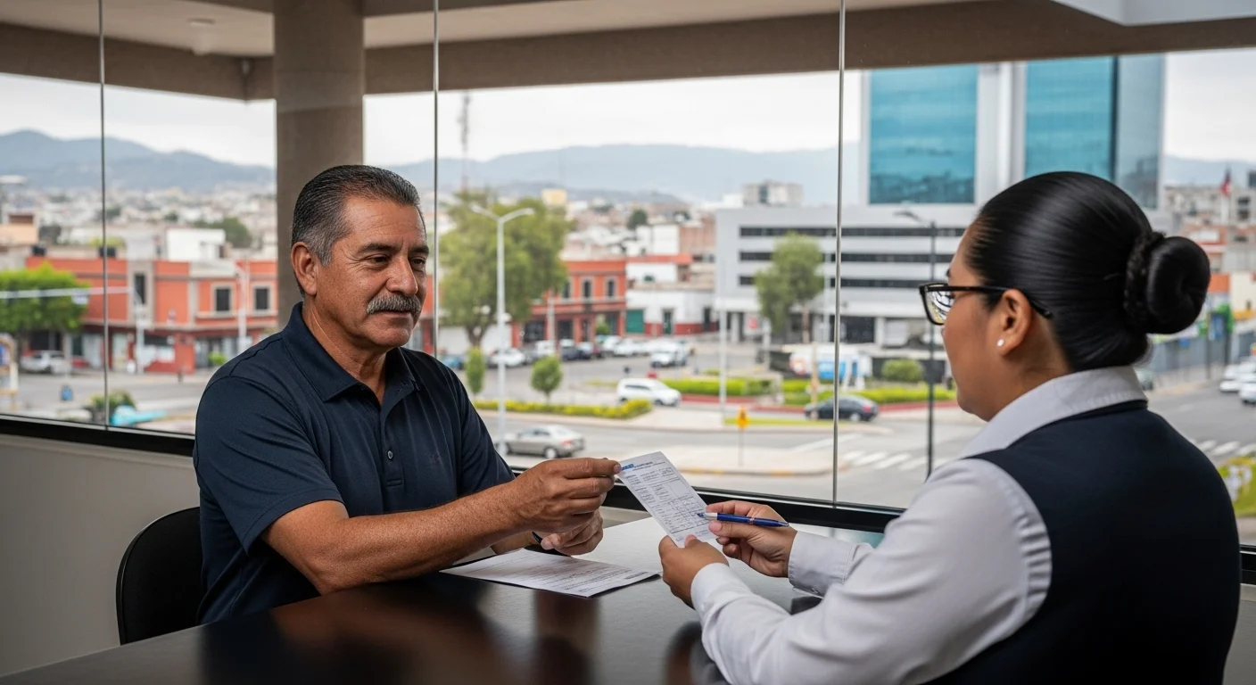 Persona realizando el trámite para la licencia de conducir motocicleta en una oficina del ayuntamiento de un municipio mexicano.