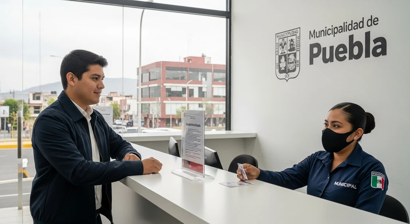 Ciudadano realizando trámites de licencia de conducir en una oficina de tránsito de un municipio mexicano, con el logo del ayuntamiento de fondo.