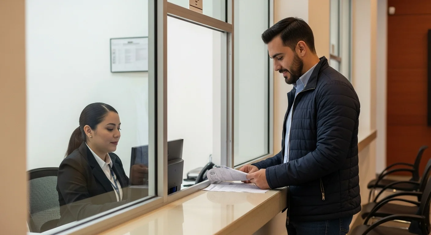 Interior de una oficina de un ayuntamiento mexicano donde un ciudadano está realizando un trámite para su licencia de conducir permanente.