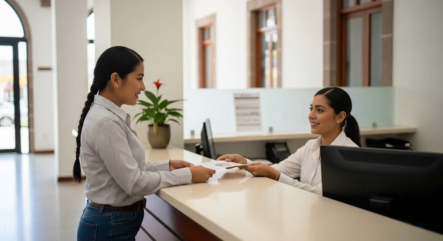 Ciudadano realizando un trámite para conseguir la copia del impuesto predial en una oficina de un ayuntamiento mexicano.
