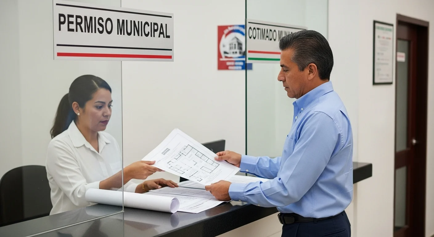Una persona entregando planos y documentos en una ventanilla de la Dirección de Obras Públicas para un permiso de construcción municipal.