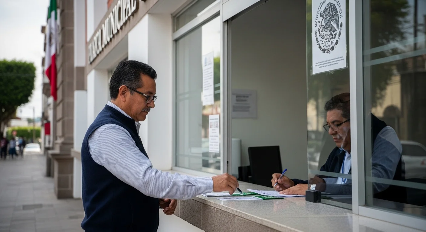 Una persona realizando el trámite de alta de placas para moto frente a la fachada de un palacio municipal en México, simbolizando la gestión local.