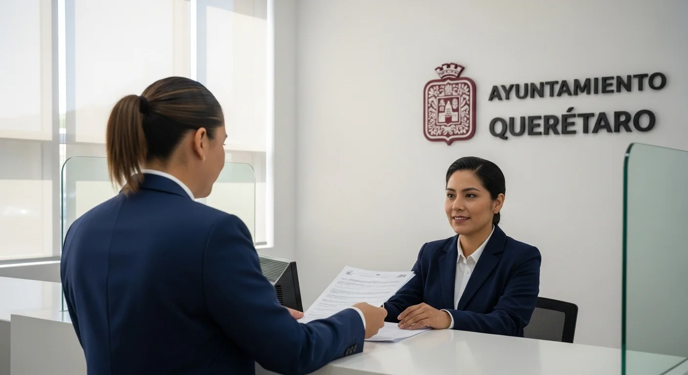 Una persona entregando documentos para el alta de un vehículo usado en una oficina de gobierno municipal en México, con el logo del ayuntamiento de fondo.