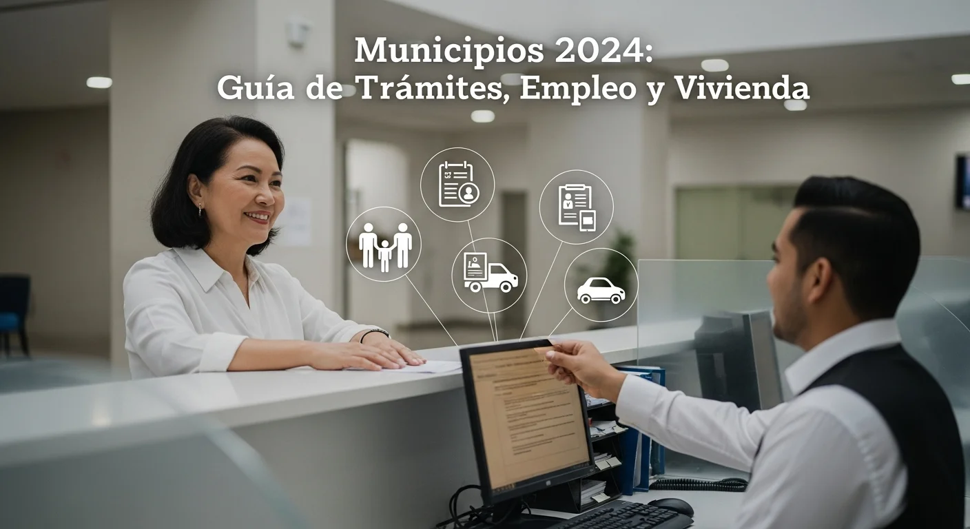 Una persona realizando trámites en una oficina municipal, con íconos sobrepuestos de empleo, permiso de negocio y reglamento de conducir.