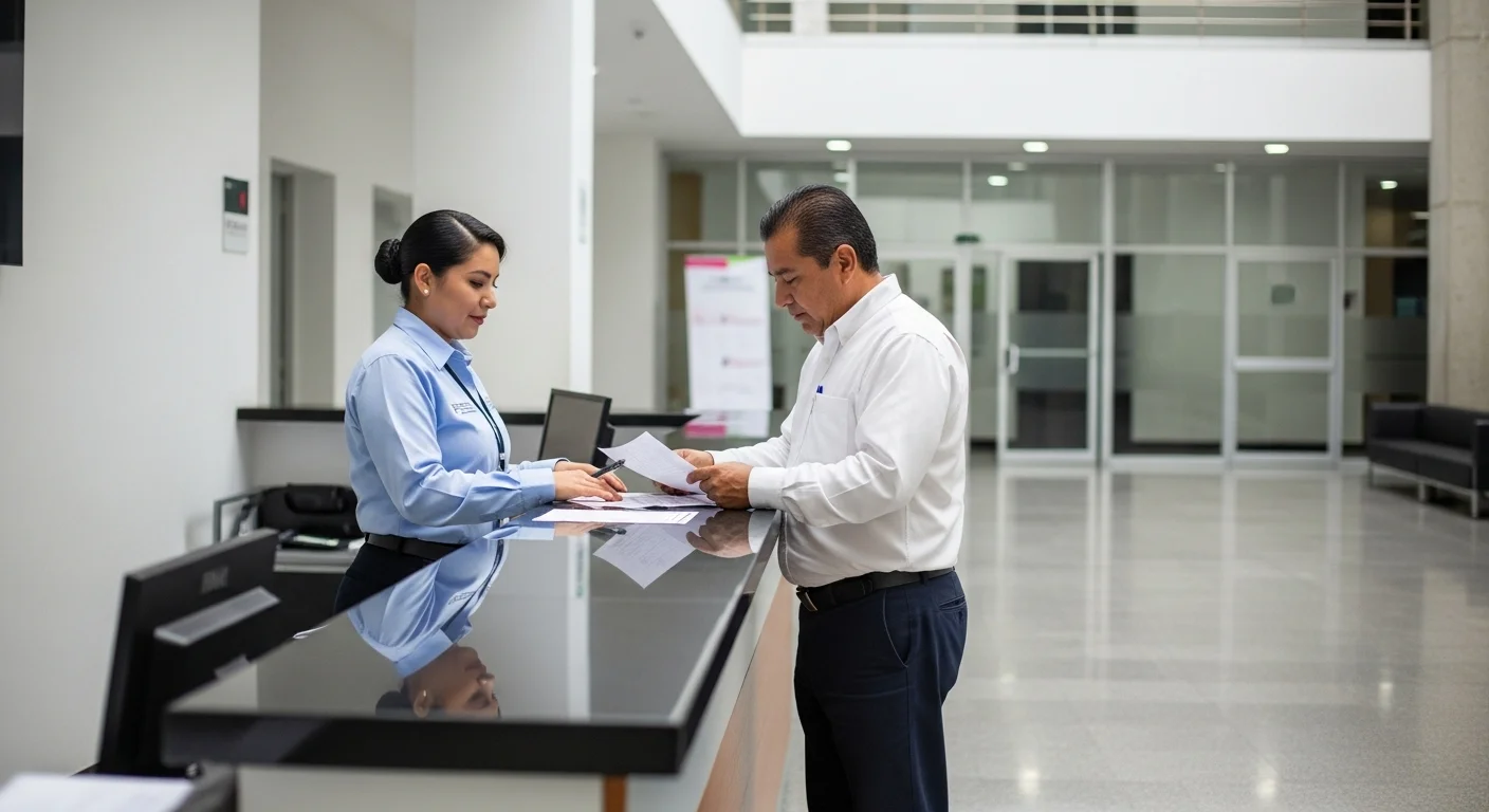 Una persona en un mostrador de atención ciudadana de un municipio en México recibiendo documentos para un permiso