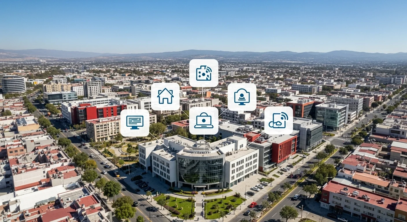 Una vista aérea de un municipio mexicano moderno, con íconos digitales superpuestos que simbolizan la transformación y el trabajo remoto.