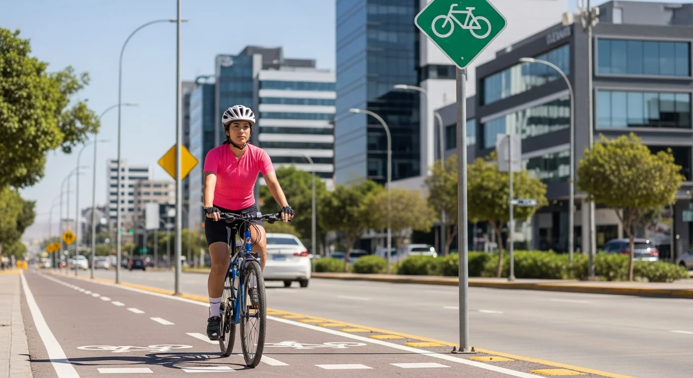 Ciclista circulando por una ciclovía bien señalizada en una ciudad de un municipio mexicano, con edificios modernos al fondo.
