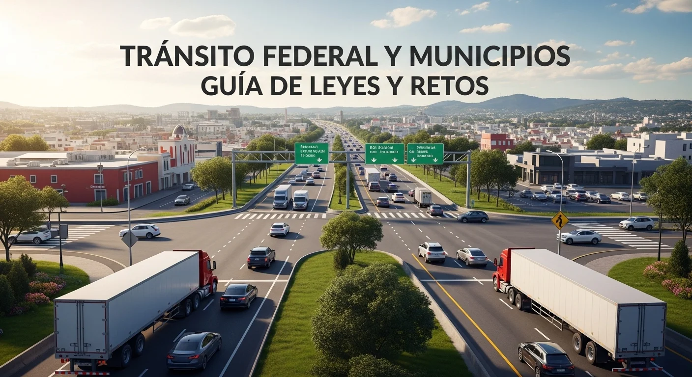 Una autopista federal concurrida cruzando por un municipio mexicano, mostrando la interacción entre vehículos de carga y el tráfico local, simbolizando los retos de jurisdicción del tránsito.