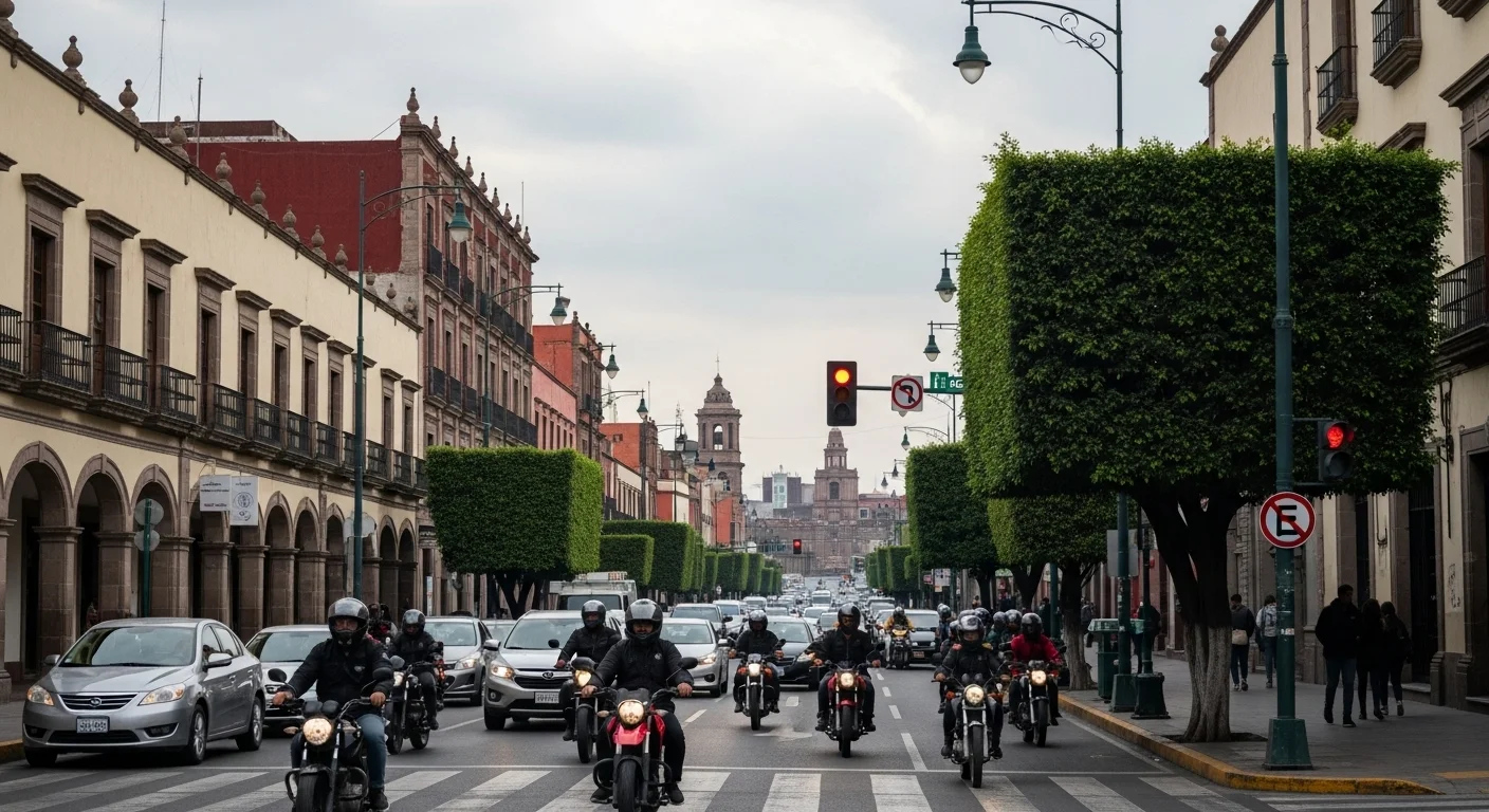 Vista de una calle concurrida en un municipio mexicano con varias motocicletas circulando entre el tráfico, destacando la importancia del reglamento de tránsito motos.